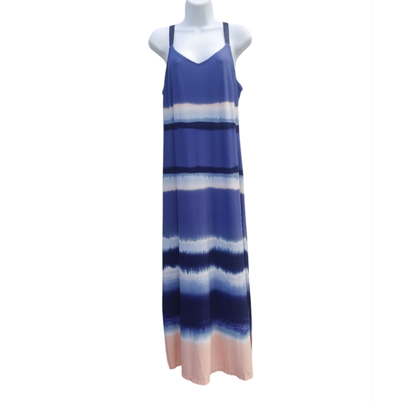 MSK Navy White Peach Striped Maxi Dress Split Seams Spaghetti Straps Size M - Picture 1 of 12